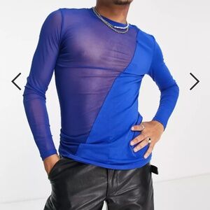 ASOS Blue Mesh & Jersey Color Block Long Sleeve T-Shirt
